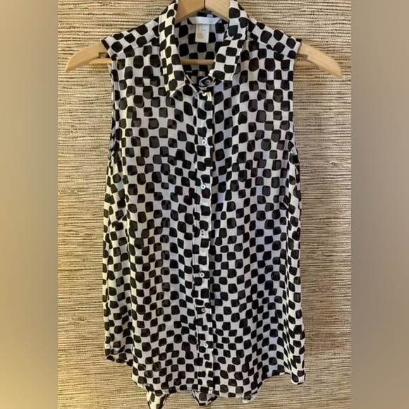 H&M Checkered Chiffon Top Shirt Black & White Sleeveless Collared Women’s Size 4 - Picture 1 of 7